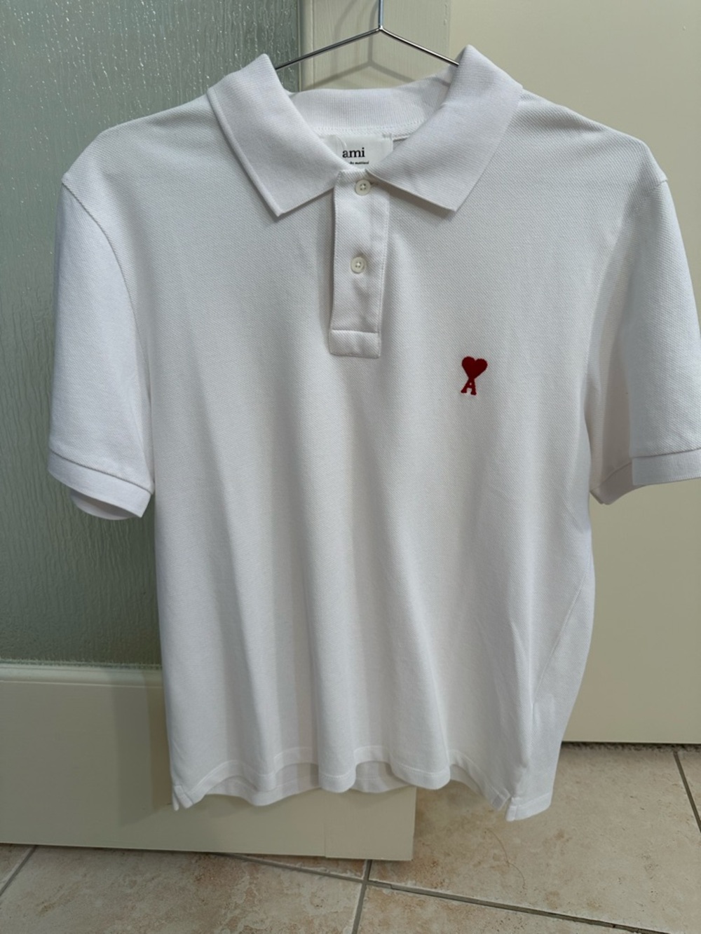 Ami White Polo with Small Red Heart Logo